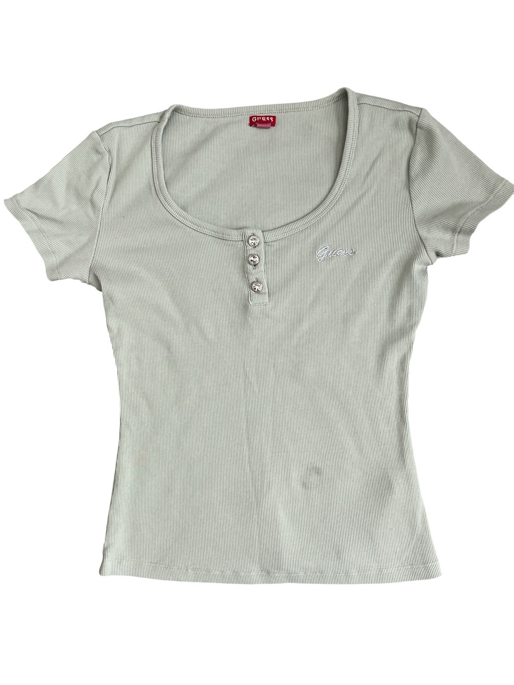 Guess Light Sage Ribbed Short Sleeve Tee with Rhinestone Button Placket Medium